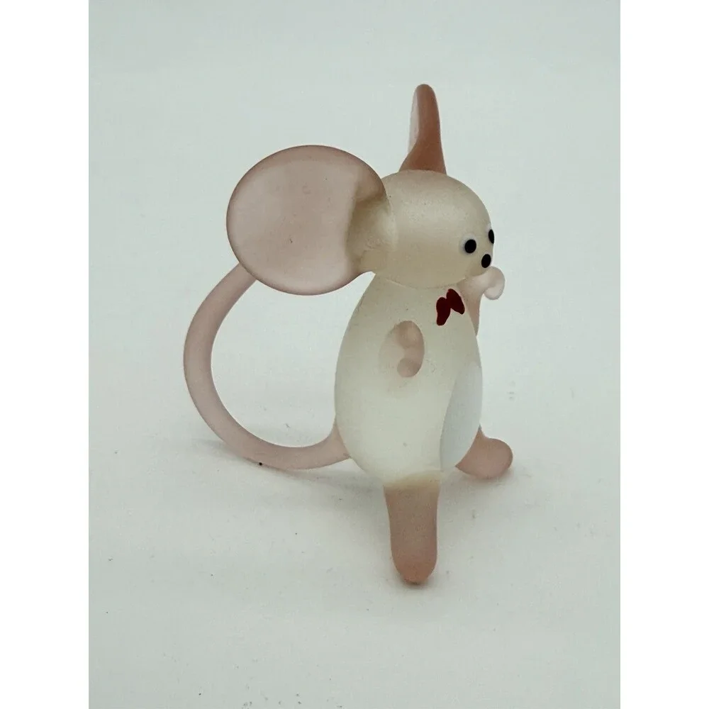 Hand Blown Art Glass Mice Mouse Pink White Frosted Glass Figurine 2.5”H